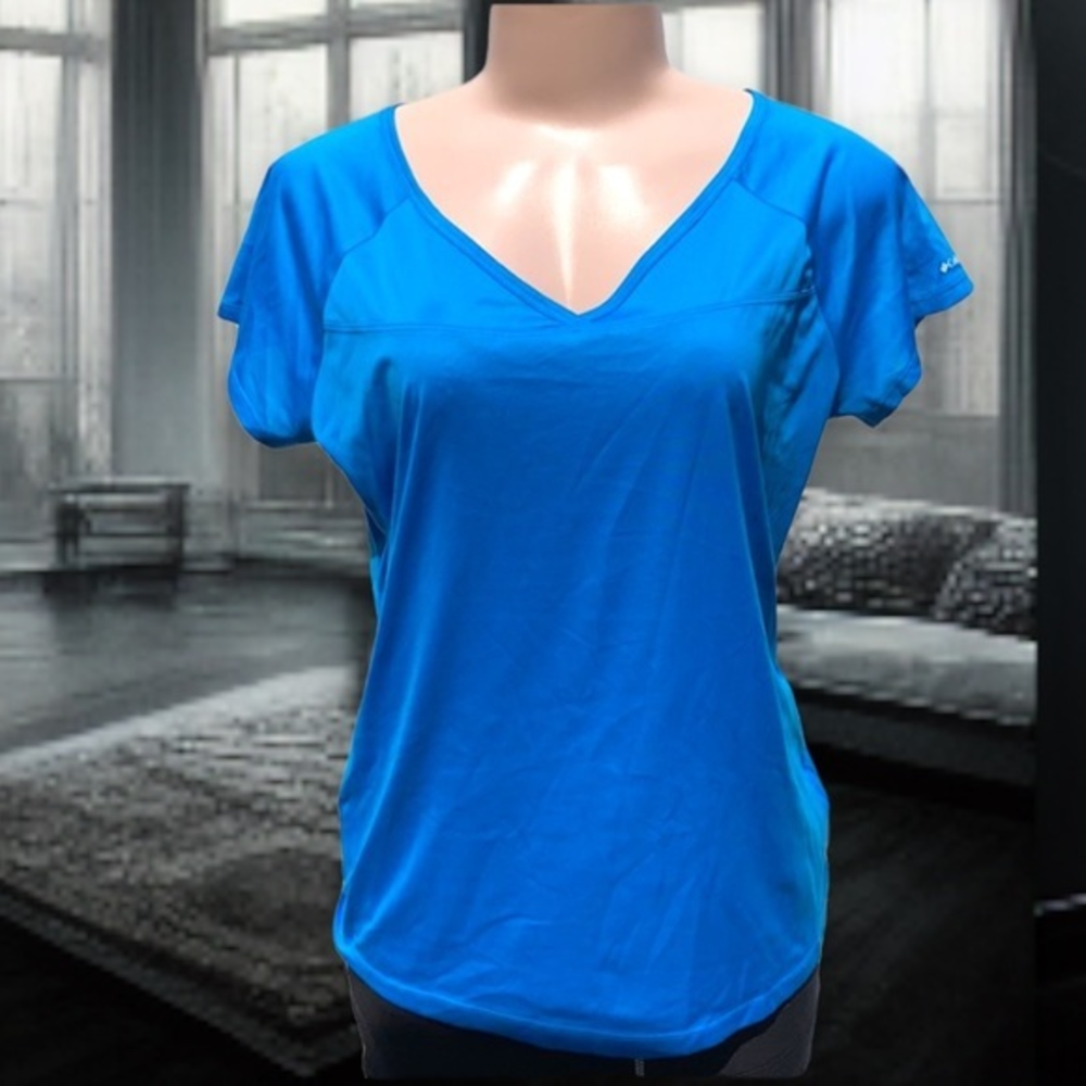 Columbia V Neck Athletic Tee Women’s Large Blue Omni-Wick Performance Shirt